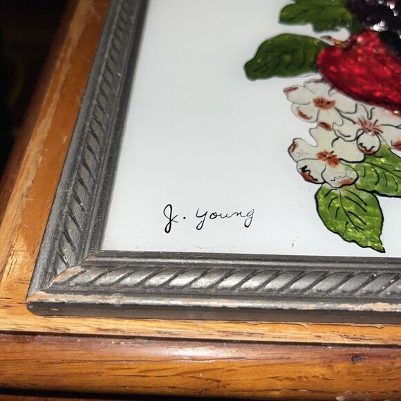 Vintage Reverse Painting On Glass with Foil Art - Fruit Signed J Young Framed - Picture 2 of 5